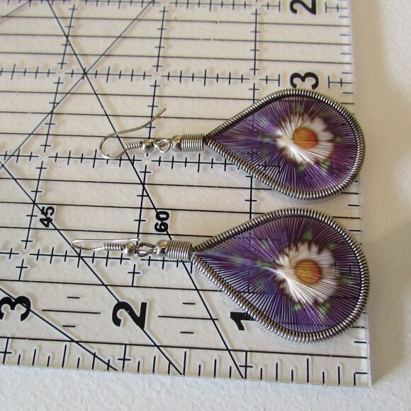 Purple Floral Woven String Art Dangle Earrings Silver Tone - Picture 8 of 8